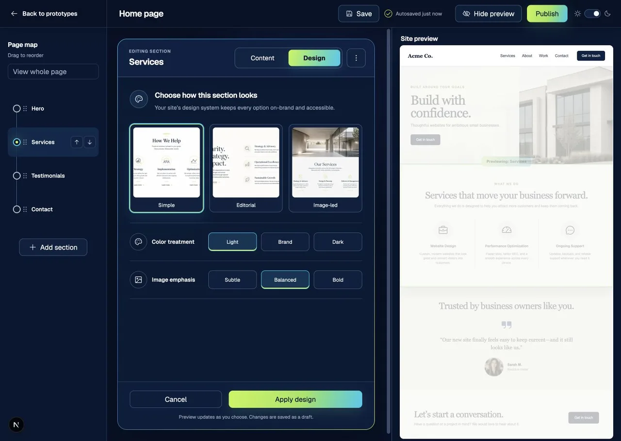 Client page editor interface preview — Baseline interaction model